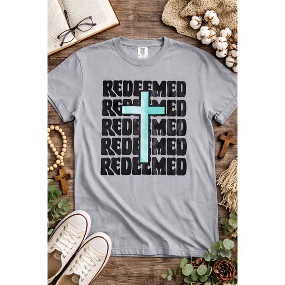 NEW Comfort Colors Redeemed Cross Graphic Christian Faith Tee Blue Gray - Picture 1 of 6
